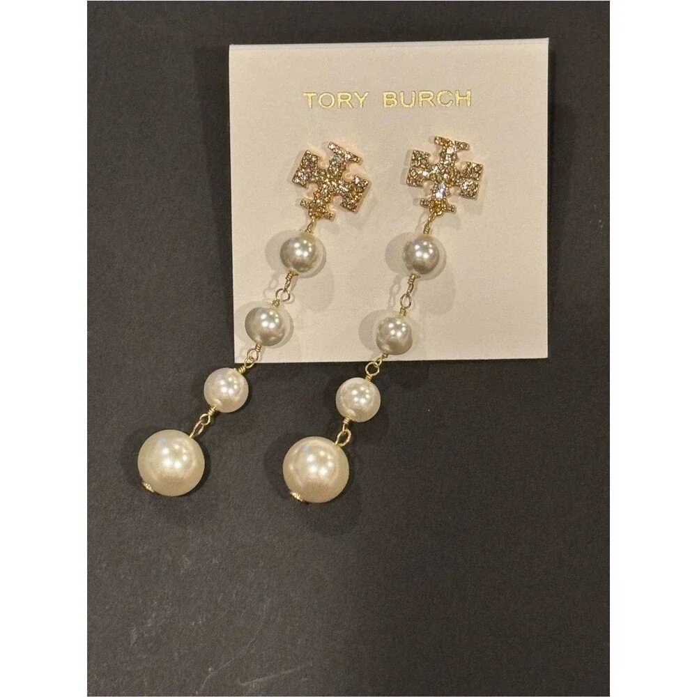NWT Tory Burch Crystal Double T Logo Graduated Pearl Linear Drop Earrings 3